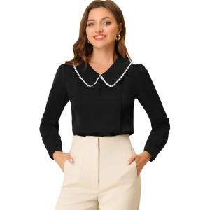 imageAllegra K Womens Vintage Peter Pan Collar Shirt Preppy Lacy Trim Long Sleeve BlouseBlack