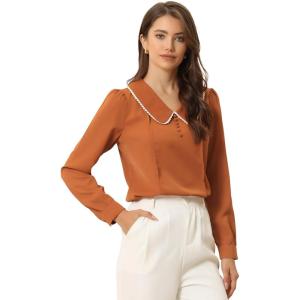 imageAllegra K Womens Vintage Peter Pan Collar Shirt Preppy Lacy Trim Long Sleeve BlouseCaramel