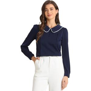 imageAllegra K Womens Vintage Peter Pan Collar Shirt Preppy Lacy Trim Long Sleeve BlouseDark Blue