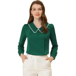 imageAllegra K Womens Vintage Peter Pan Collar Shirt Preppy Lacy Trim Long Sleeve BlouseDark Green