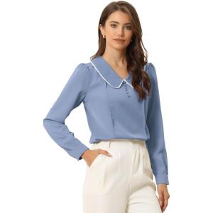 imageAllegra K Womens Vintage Peter Pan Collar Shirt Preppy Lacy Trim Long Sleeve BlouseDusty Blue