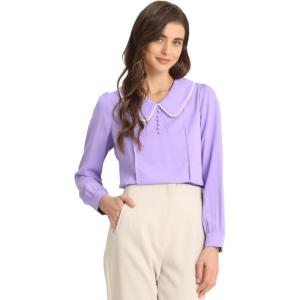 imageAllegra K Womens Vintage Peter Pan Collar Shirt Preppy Lacy Trim Long Sleeve BlouseLight Purple