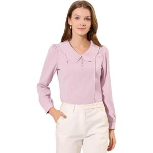 imageAllegra K Womens Vintage Peter Pan Collar Shirt Preppy Lacy Trim Long Sleeve BlousePink