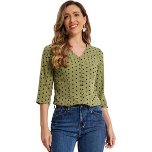 imageAllegra K Womens Vintage Polka Dots 34 Sleeve Button Front V Neck Casual Office Blouse TopArmy Green