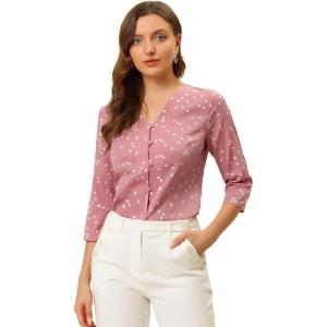 imageAllegra K Womens Vintage Polka Dots 34 Sleeve Button Front V Neck Casual Office Blouse TopPink