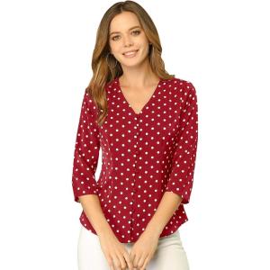 imageAllegra K Womens Vintage Polka Dots 34 Sleeve Button Front V Neck Casual Office Blouse TopRed
