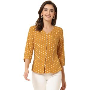 imageAllegra K Womens Vintage Polka Dots 34 Sleeve Button Front V Neck Casual Office Blouse TopYellow