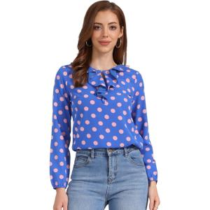 imageAllegra K Womens Vintage Ruffle Neck Chiffon Top Long Sleeve Casual Office BlouseBlue Pinkdots