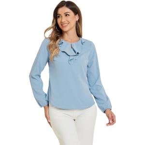 imageAllegra K Womens Vintage Ruffle Neck Chiffon Top Long Sleeve Casual Office BlouseDusty Bluesolid