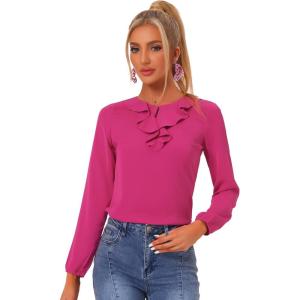 imageAllegra K Womens Vintage Ruffle Neck Chiffon Top Long Sleeve Casual Office BlouseFushciasolid