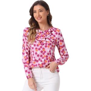 imageAllegra K Womens Vintage Ruffle Neck Chiffon Top Long Sleeve Casual Office BlouseLight Pinkdots