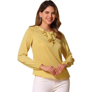 imageAllegra K Womens Vintage Ruffle Neck Chiffon Top Long Sleeve Casual Office BlouseLight Yellowdots