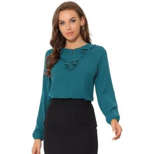 imageAllegra K Womens Vintage Ruffle Neck Chiffon Top Long Sleeve Casual Office BlousePeacock Bluedots