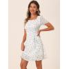 imageAllegra K Womens Floral Square Neck Short Sleeve Drawstring Ruched DressWhite