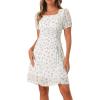 imageAllegra K Womens Floral Square Neck Short Sleeve Drawstring Ruched DressWhite