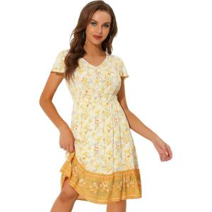 imageAllegra K Boho Floral Dresses for Womens Flutter Sleeve Smocked Waist V Neck Flowy Bohemian DressWhite