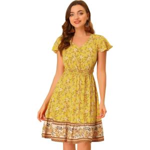 imageAllegra K Boho Floral Dresses for Womens Flutter Sleeve Smocked Waist V Neck Flowy Bohemian DressYellow