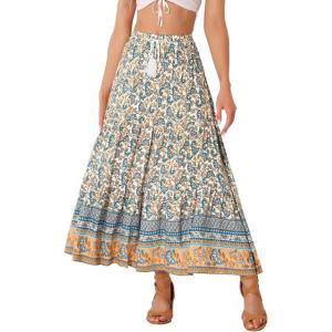 imageAllegra K Boho Skirt for Womens Casual Peasant Floral Bohemian Tassels Elastic Waist Maxi SkirtsBeige