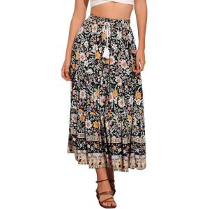 imageAllegra K Boho Skirt for Womens Casual Peasant Floral Bohemian Tassels Elastic Waist Maxi SkirtsBlack