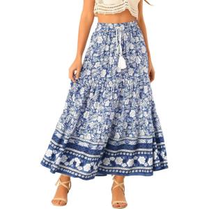 imageAllegra K Boho Skirt for Womens Casual Peasant Floral Bohemian Tassels Elastic Waist Maxi SkirtsBlue
