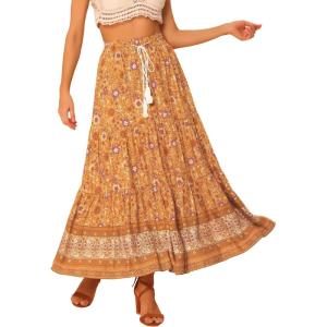 imageAllegra K Boho Skirt for Womens Casual Peasant Floral Bohemian Tassels Elastic Waist Maxi SkirtsOrange