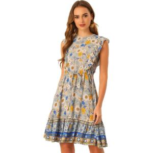 imageAllegra K Floral Dress for Womens Round Neck Ruffle Sleeveless Boho DressMulticolor