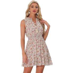 imageAllegra K Floral Dresses for Womens Sleeveless V Neck Sleeveless Smocked Waist Ruffle Mini DressPink