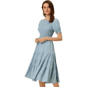 imageAllegra K Peasant Smocked Dress for Womens Short Sleeve Midi Summer Casual Tiered ALine DressBlue