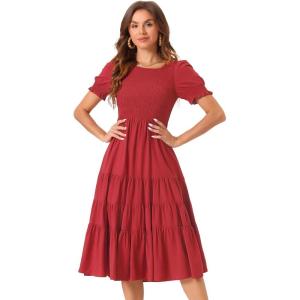 imageAllegra K Peasant Smocked Dress for Womens Short Sleeve Midi Summer Casual Tiered ALine DressBurgundy