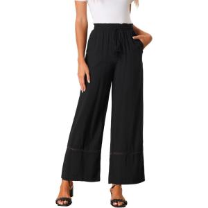 imageAllegra K Womens 2025 Summer Casual Pants Loose High Waist Drawstring Wide Leg Palazzo Trousers with PocketsBlack