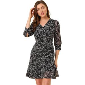 imageAllegra K Womens 34 Sleeve Ruffle Hem Buttons Decor Drawstring Ruched Chiffon DressBlack