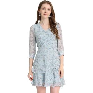 imageAllegra K Womens 34 Sleeve Ruffle Hem Buttons Decor Drawstring Ruched Chiffon DressGray