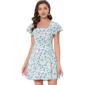 imageAllegra K Womens Casual Ruffled Sleeve Pleated Square Neck Floral DressBlue