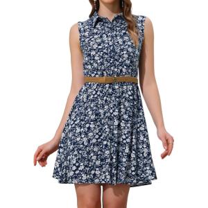imageAllegra K Womens Floral Printed Half Placket Above Knee Summer Sleeveless Belted DressBlue