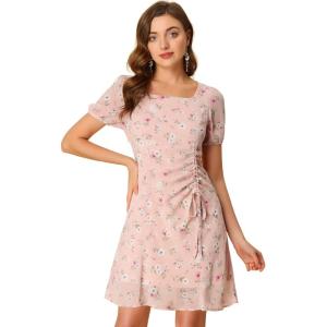 imageAllegra K Womens Floral Square Neck Short Sleeve Drawstring Ruched DressPink