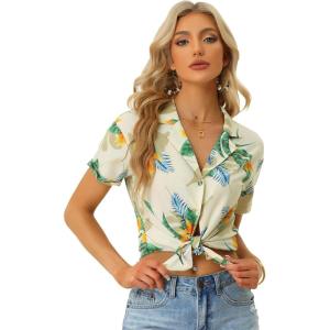 imageAllegra K Womens Hawaiian Shirt Floral Leaves Printed Short Sleeve Top Tropical Button Down Shirt Summer Fashion 2024Beige