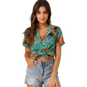 imageAllegra K Womens Hawaiian Shirt Floral Leaves Printed Short Sleeve Top Tropical Button Down Shirt Summer Fashion 2024Black