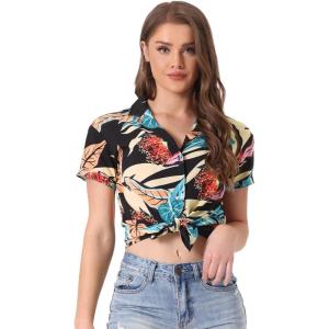 imageAllegra K Womens Hawaiian Shirt Floral Leaves Printed Short Sleeve Top Tropical Button Down Shirt Summer Fashion 2024Blacks