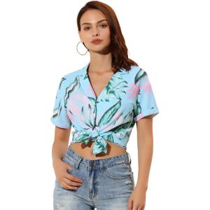 imageAllegra K Womens Hawaiian Shirt Floral Leaves Printed Short Sleeve Top Tropical Button Down Shirt Summer Fashion 2024Blue Pink