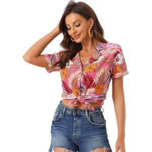 imageAllegra K Womens Hawaiian Shirt Floral Leaves Printed Short Sleeve Top Tropical Button Down Shirt Summer Fashion 2024Bright Pink
