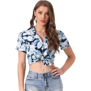 imageAllegra K Womens Hawaiian Shirt Floral Leaves Printed Short Sleeve Top Tropical Button Down Shirt Summer Fashion 2024Deep Blue