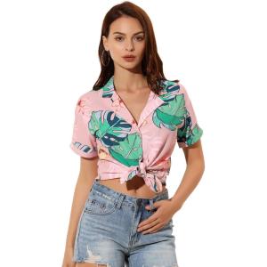 imageAllegra K Womens Hawaiian Shirt Floral Leaves Printed Short Sleeve Top Tropical Button Down Shirt Summer Fashion 2024Dusty Pink