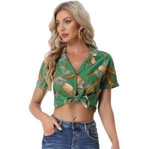 imageAllegra K Womens Hawaiian Shirt Floral Leaves Printed Short Sleeve Top Tropical Button Down Shirt Summer Fashion 2024Green Pineapple