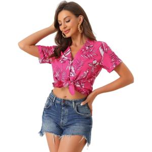 imageAllegra K Womens Hawaiian Shirt Floral Leaves Printed Short Sleeve Top Tropical Button Down Shirt Summer Fashion 2024Hot Pink