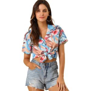 imageAllegra K Womens Hawaiian Shirt Floral Leaves Printed Short Sleeve Top Tropical Button Down Shirt Summer Fashion 2024Light Blue