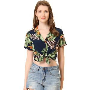 imageAllegra K Womens Hawaiian Shirt Floral Leaves Printed Short Sleeve Top Tropical Button Down Shirt Summer Fashion 2024Navy Blue