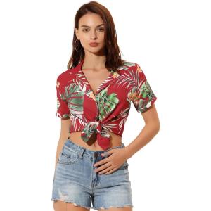 imageAllegra K Womens Hawaiian Shirt Floral Leaves Printed Short Sleeve Top Tropical Button Down Shirt Summer Fashion 2024Red