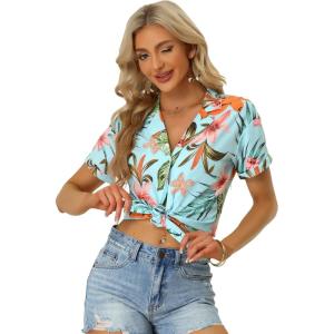 imageAllegra K Womens Hawaiian Shirt Floral Leaves Printed Short Sleeve Top Tropical Button Down Shirt Summer Fashion 2024Sky Blue