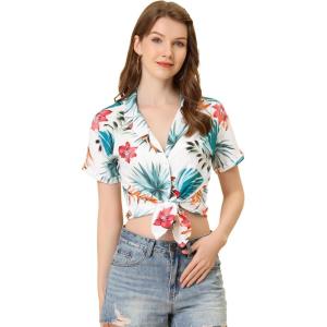 imageAllegra K Womens Hawaiian Shirt Floral Leaves Printed Short Sleeve Top Tropical Button Down Shirt Summer Fashion 2024White Floral