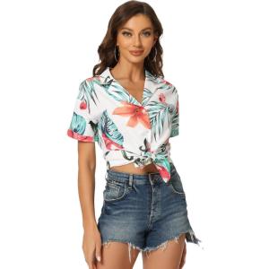 imageAllegra K Womens Hawaiian Shirt Floral Leaves Printed Short Sleeve Top Tropical Button Down Shirt Summer Fashion 2024White a